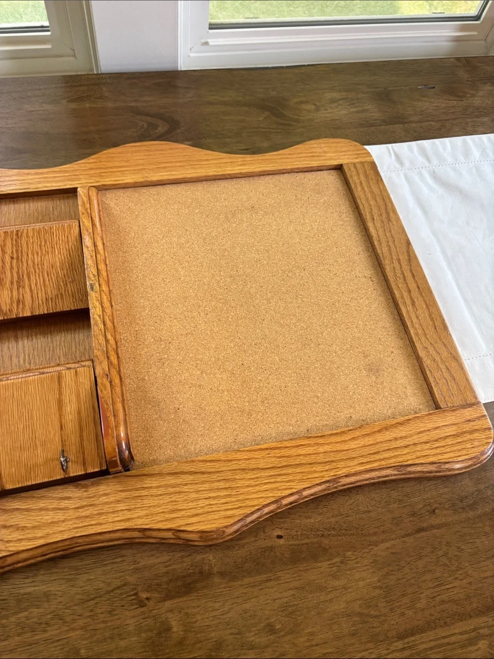 Vintage Oak Wood Wall Organizer with Cork Board, Mail Slots, and Key Hooks 22x16